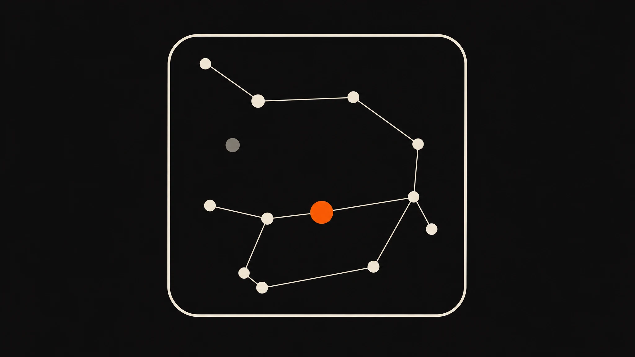 A thin ivory rounded-square frame enclosing a sparse network of small ivory discs joined by thin lines, one disc solid orange near the center and one muted grey, on a charcoal ground