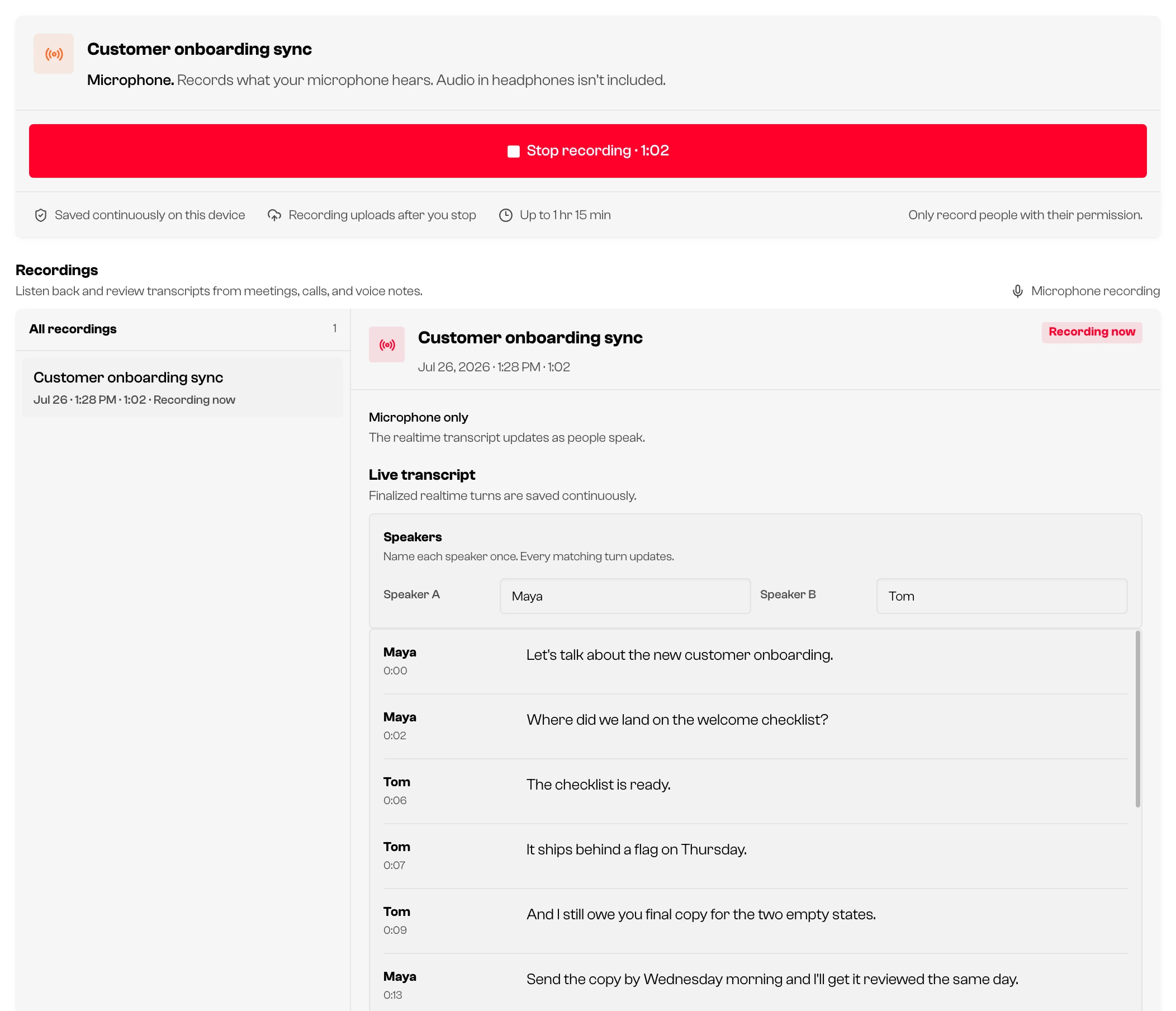 The Meetings and Recordings page during a live recording: a red Stop recording control, a Speakers form with two named speakers, and a timestamped live transcript