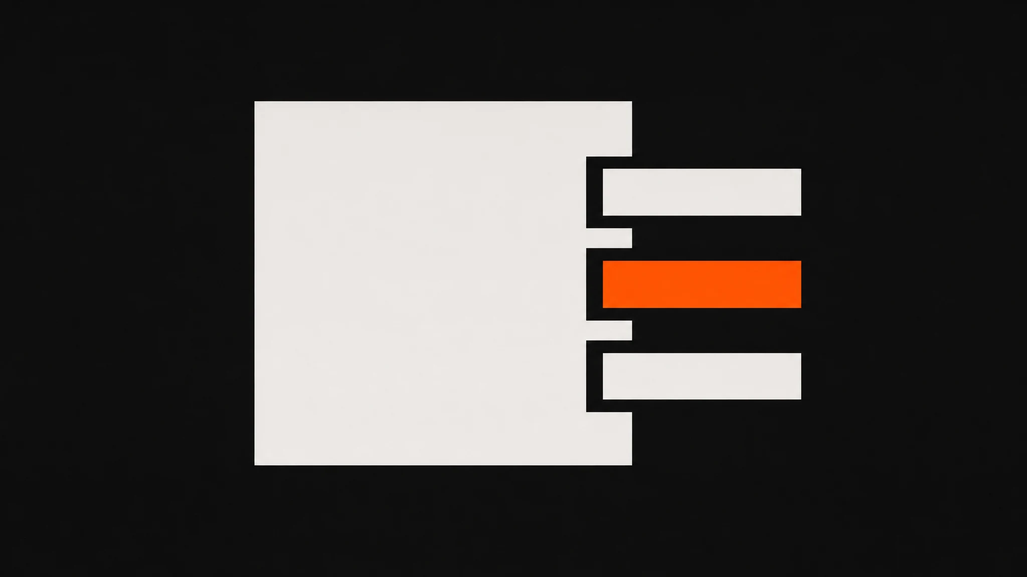 A large ivory square with three notches cut into its right edge and three flat bars slotting into them from the right, the middle bar solid orange, on a charcoal ground