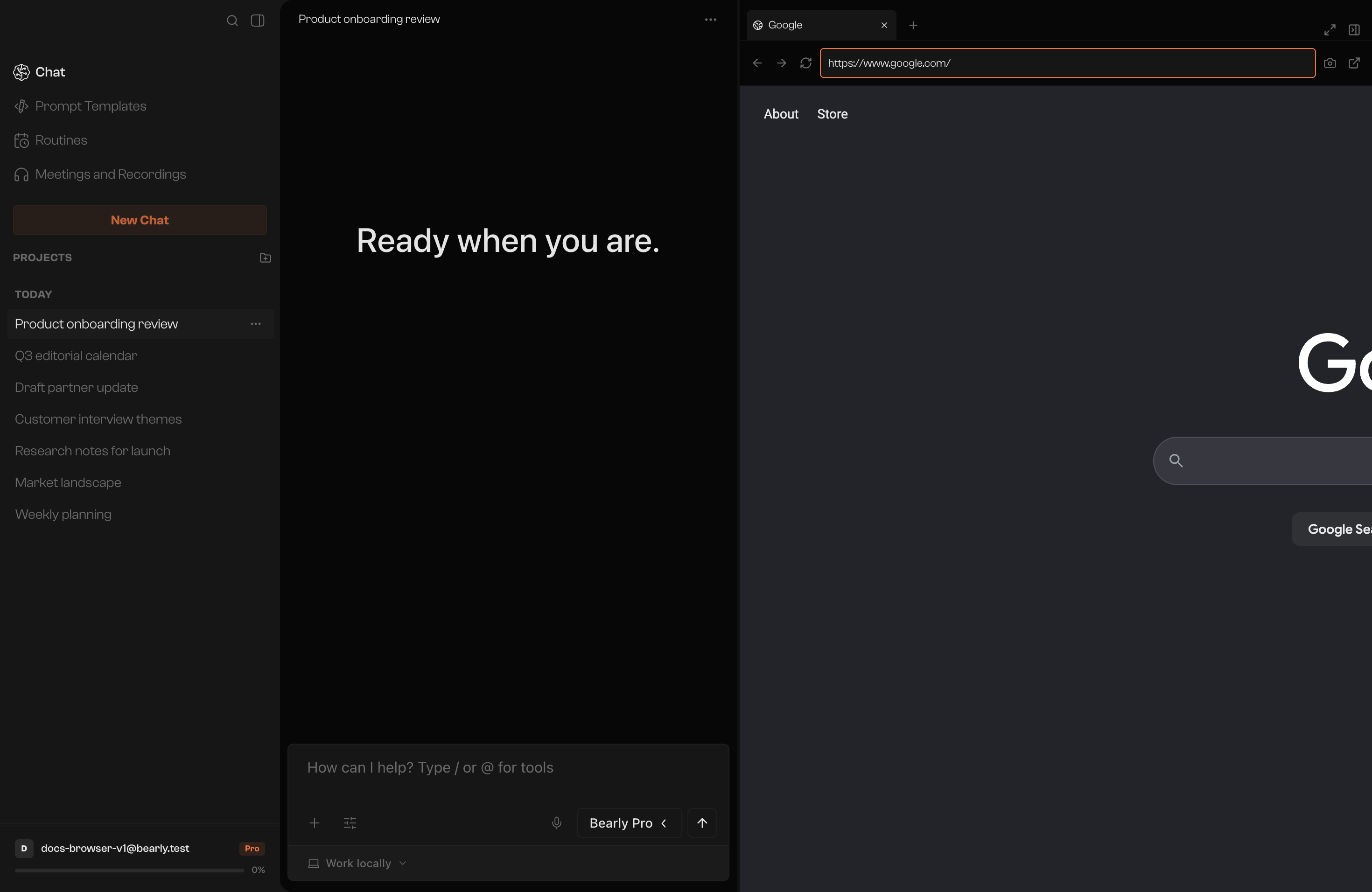 Bearly desktop with the conversation list open and Google displayed in Browser beside a chat.