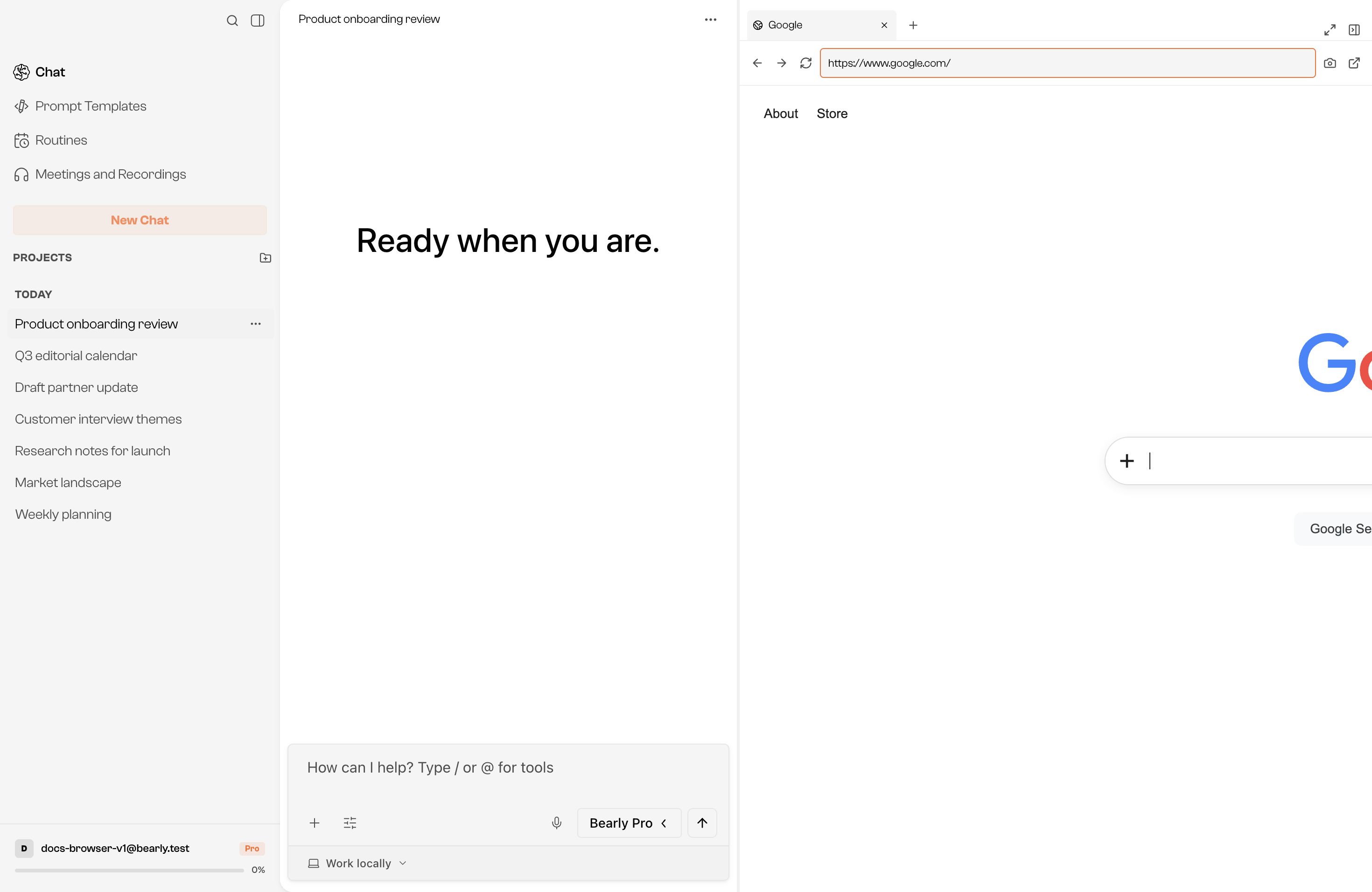 Bearly desktop with the conversation list open and Google displayed in Browser beside a chat.